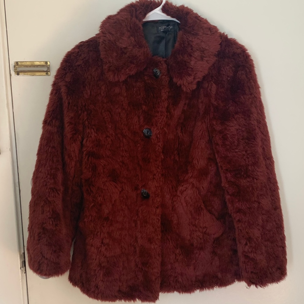 Topshop Red Fur Coat, Size 2
